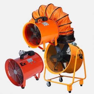 Ventilador portátil industrial VEINSA con ducto flexible, ideal para ventilación en espacios confinados o zonas con riesgo ATEX