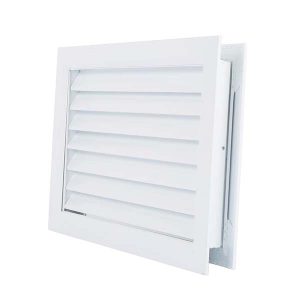 Rejillas HVAC en aluminio anodizado con deflexión fija y ajustable, instaladas en techo arquitectónico.