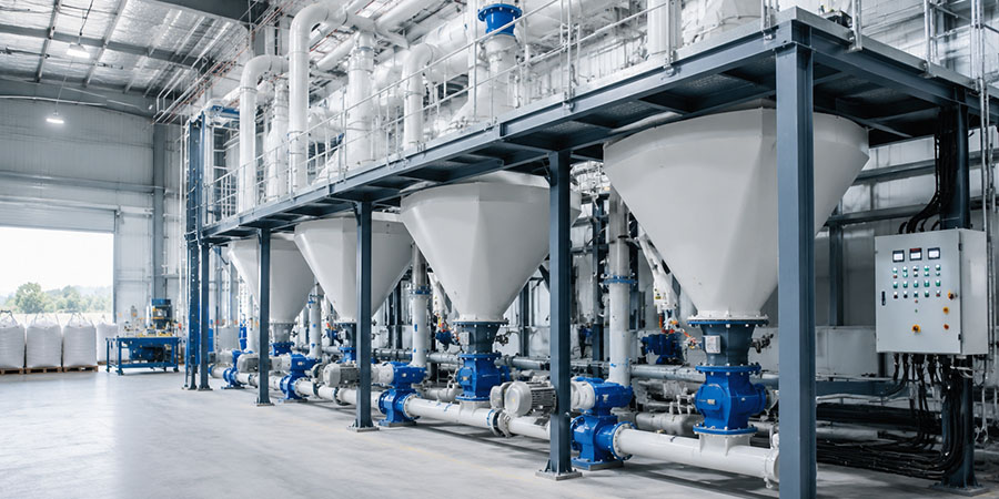 Sistema de transporte neumático en fase diluida con ductos, ciclón y filtro industrial